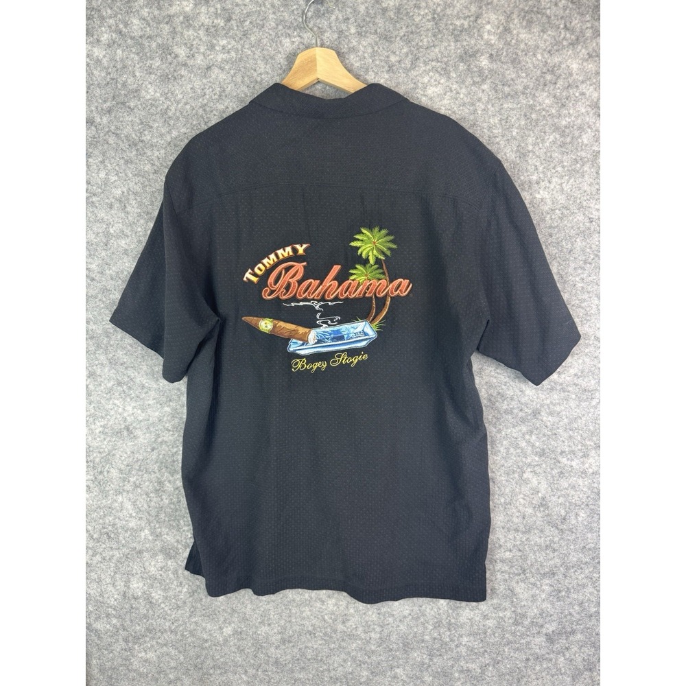 Tommy Bahama Shirt Mens Large Silk Camp Embroidered Button Up Bogey Stogie Black
